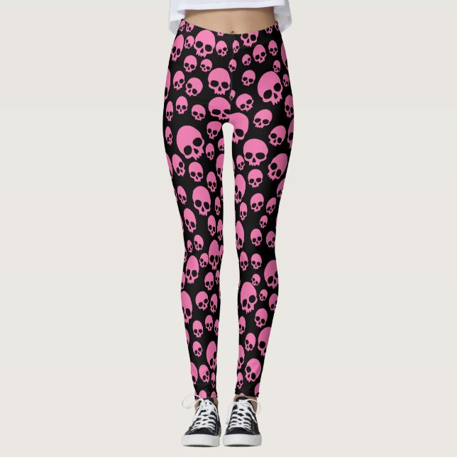 Pink Black Random Skulls Pattern Leggings (Vorderseite)