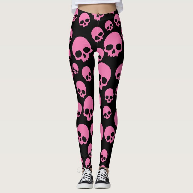 Pink Black Random Skulls Pattern Leggings (Vorderseite)