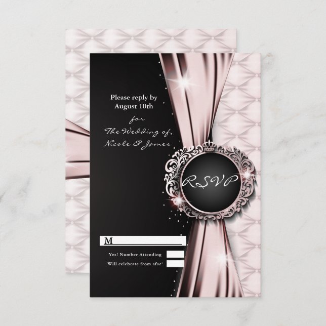Pink Black Ribbon Glam Luxury Wedding RSVP Antwort Einladung (Vorne/Hinten)