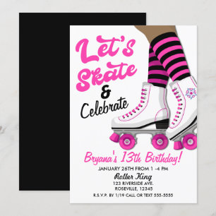 Pink & Black Roller Skate Skaten Geburtstagsparty Einladung