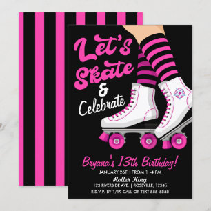Pink & Black Rollschuh Skate Geburtstagsfeier Einladung