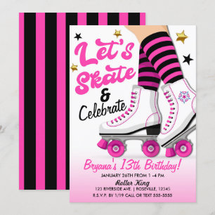 Pink & Black Rollschuh Skaten Geburtstagsfeier Einladung