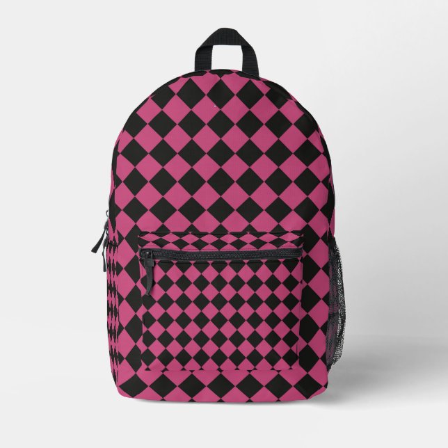 Pink Black Schachbrett Diamond Pattern Bedruckter Rucksack (Vorderseite)