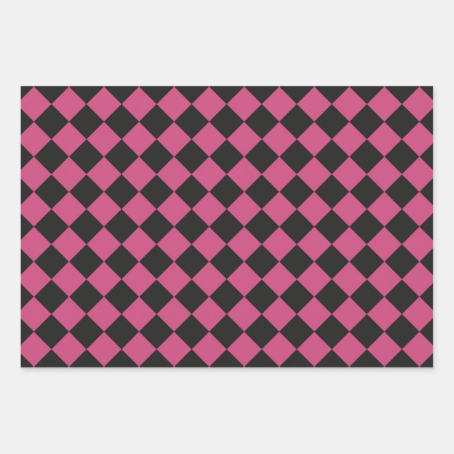 Pink Black Schachbrett Diamond Pattern Geschenkpapier Set (Vorderseite)