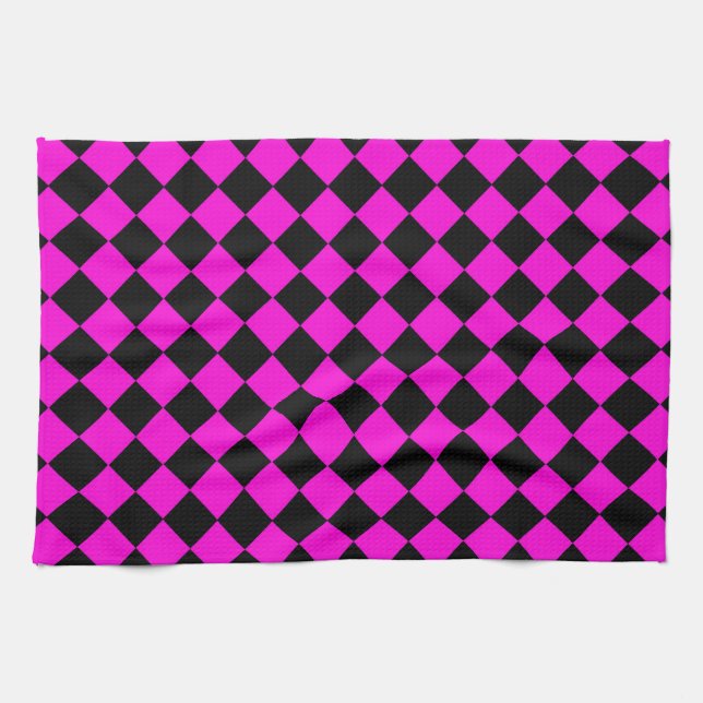 Pink Black Schachbrett Diamond Pattern Geschirrtuch (Horizontal)