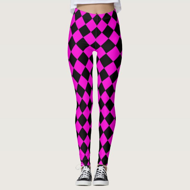 Pink Black Schachbrett Diamond Pattern Leggings (Vorderseite)