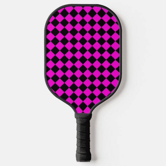 Pink Black Schachbrett Diamond Pattern Pickleball Schläger (Vorderseite)