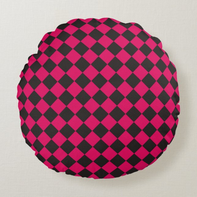 Pink Black Schachbrett Diamond Pattern Rundes Kissen (Vorderseite)