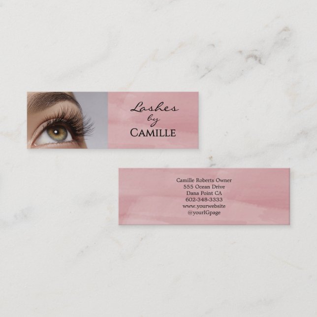 Pink Black Script Photo Lashes Mini Business Card Mini Visitenkarte (Vorne/Hinten)