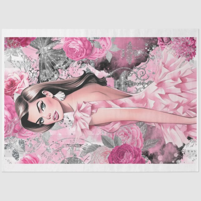 Pink & Black Shabby Glam Girl Decoupage Papier (Vorderseite)