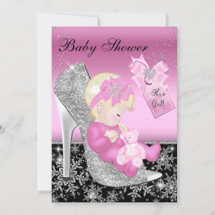 Pink Black Shoe & Snowflake Girl Babydusche Einladung