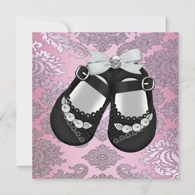 Pink Black Shoes Pink Black Damask Baby Girl Einladung (Vorderseite)