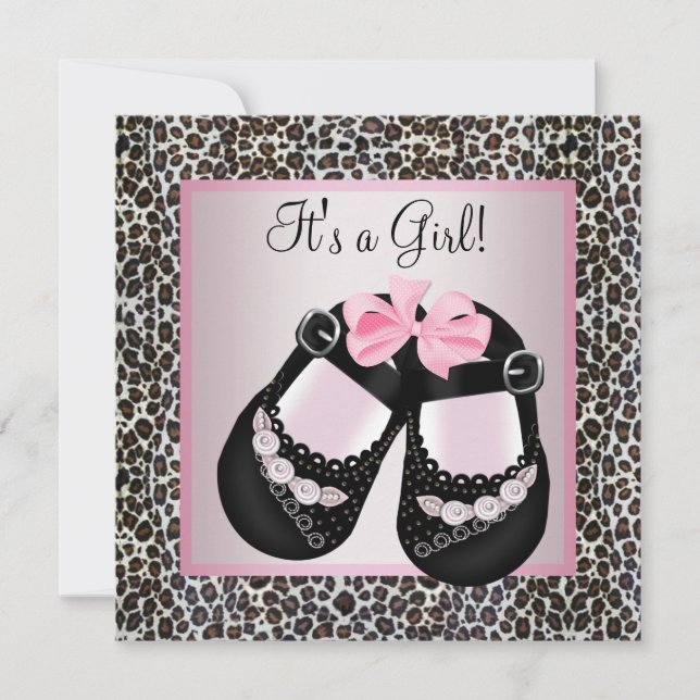 Pink Black Shoes Pink Leopard Baby Girl Dusche Einladung (Vorderseite)