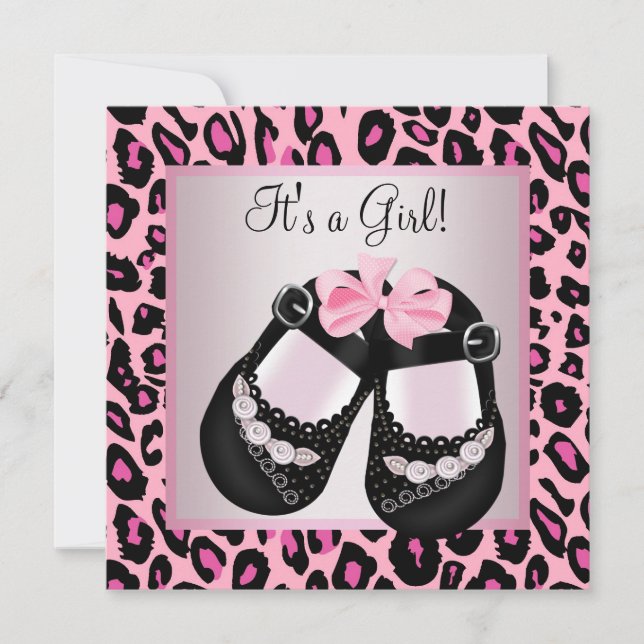 Pink Black Shoes Pink Leopard Baby Girl Dusche Einladung (Vorderseite)