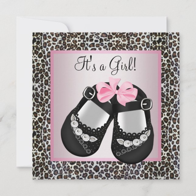 Pink Black Shoes Pink Leopard Baby Girl Dusche Einladung (Vorderseite)