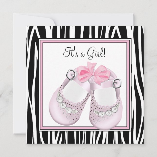 Pink Black Shoes Pink Zebra Baby Girl Dusche Einladung (Vorderseite)