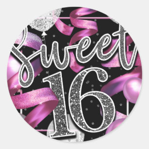 Pink Black Silber Faux Glitter Look Sweet 16 Runder Aufkleber