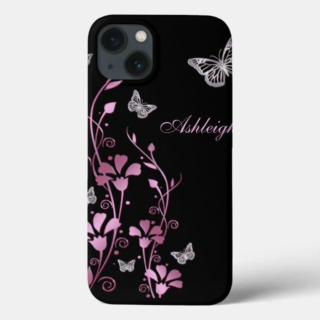 Pink Black Silver Butterfly Floral iPad Air Hüllen (Rückseite)