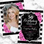 Pink Black Silver Foto 50. Geburtstag Einladung<br><div class="desc">Elegante florale feminine 50. Geburtstagseinladung mit Ihrem Foto auf der Kartenrückseite. Glam Schwarz-weiß rosa Design mit Imitaten Glitzer Silber. Enthält schwarz-weiße Streifen, rosa Rosen, Skript-Schriftart und Konfetti. Ideal für ein stilvolles Party für Erwachsene. Personalisieren Sie Ihre persönlichen Daten. Kann für jedes Alter angepasst werden! Gedruckte Zazzle Einladungen oder Sofortdownload digitalen...</div>