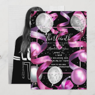 Pink Black Silver Glitzer 13. Geburtstag Foto Einladung