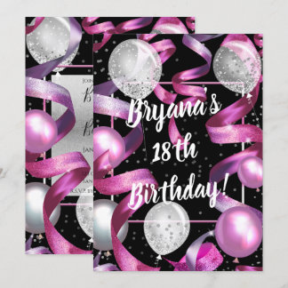 Pink Black Silver Glitzer Balloons Geburtstagspart Einladung