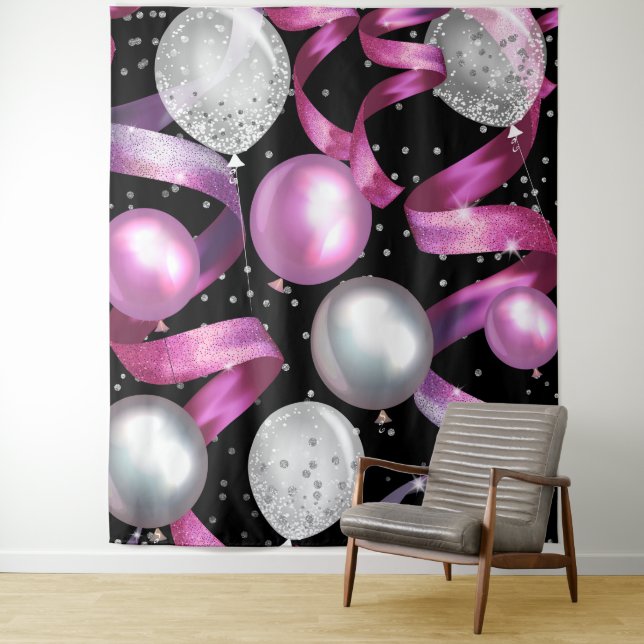 Pink Black Silver Glitzer Balloons Party Hintergru Wandteppich (Beispiel)