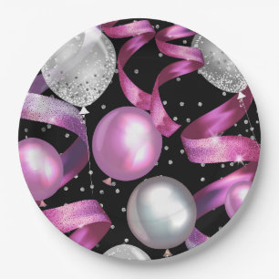 Pink Black Silver Glitzer Sweet 16 Birthday Party Pappteller