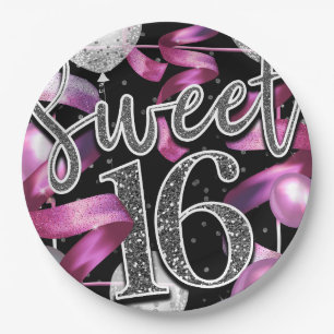 Pink Black Silver Glitzer Sweet 16 Geburtstagspart Pappteller