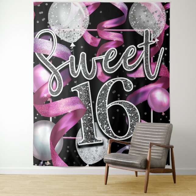 Pink Black Silver Glitzer Sweet 16 Party Hintergru Wandteppich (Beispiel)