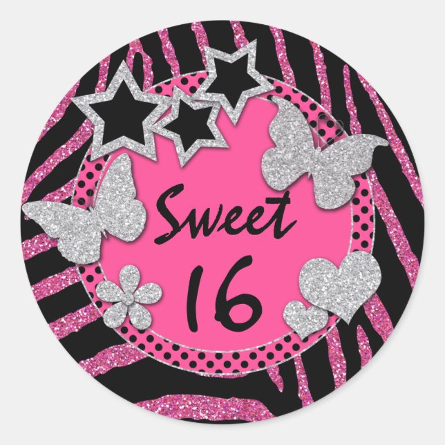 Pink Black Silver IMITATE Glitzer Sweet 16 Sticker (Vorderseite)