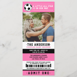 Pink Black Soccer Ticket Pärchen Kinderdusche Foto Einladung