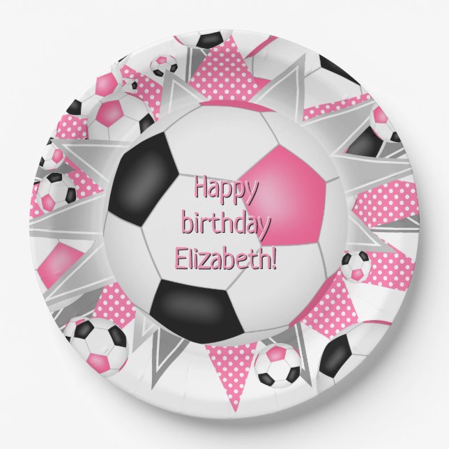 Pink Black Soccerball Blowout Sport Geburtstag Pappteller (Vorderseite)