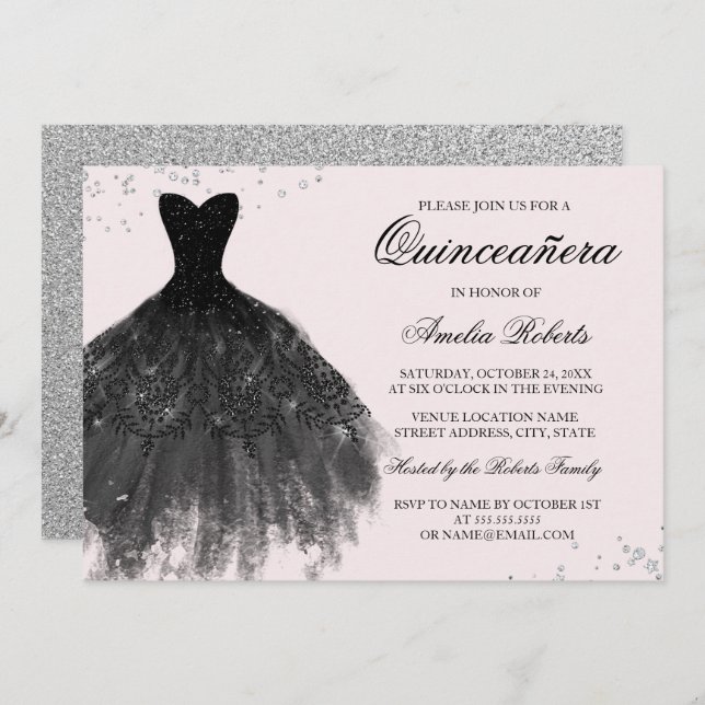 Pink Black Sparkle Dress Quinceanera Einladung (Vorne/Hinten)