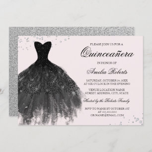 Pink Black Sparkle Dress Quinceanera Einladung