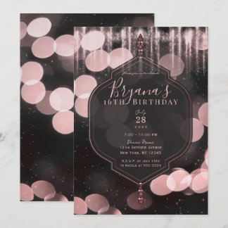 Pink Black Sparkle Lights Mystical Night Sweet 16 Einladung