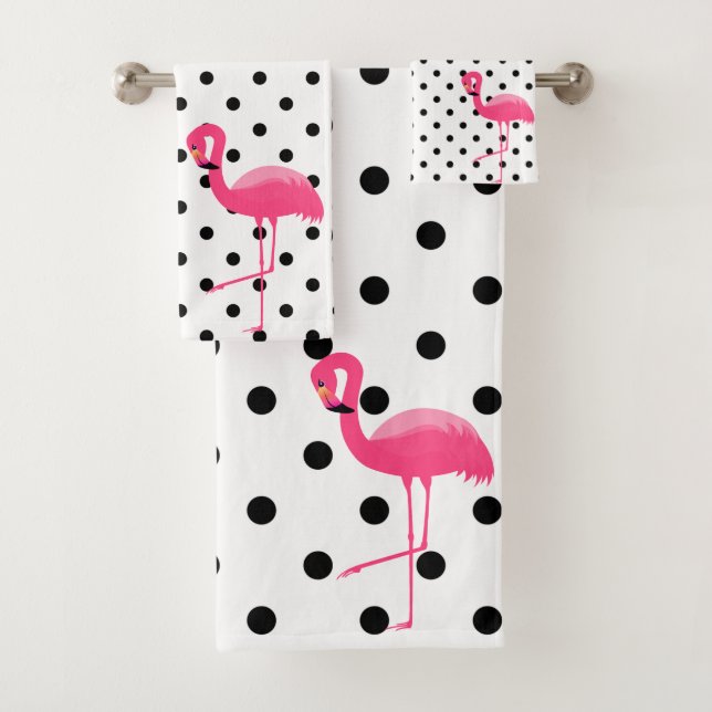 PINK BLACK SPOT FLAMINGO BADEZIMMER TOWEL SET (Insitu)