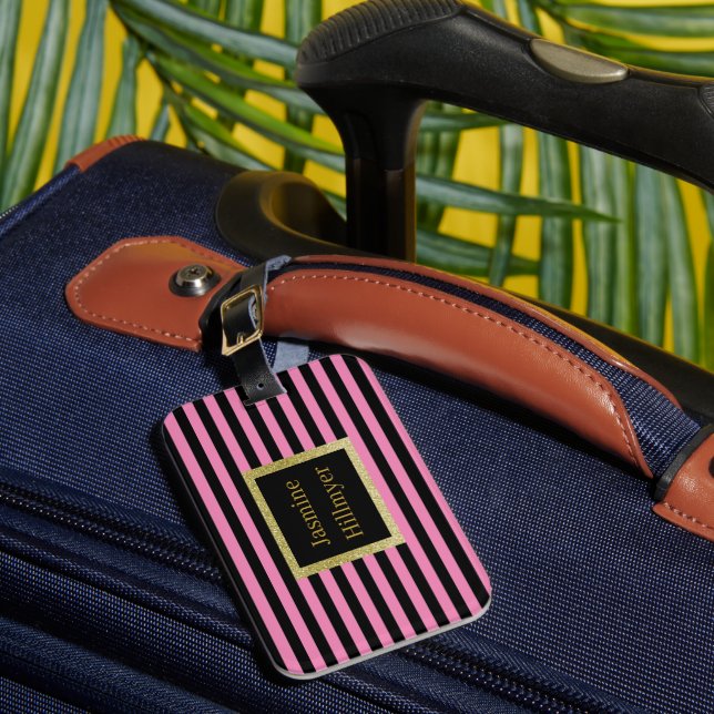 Pink Black Strip GLITZER CUSTOM LUGGAGE TAG Gepäckanhänger (Vorderseite Insitu 1)