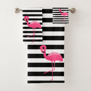 PINK BLACK STRIPE FLAMINGO BADEZIMMER TOWEL SET