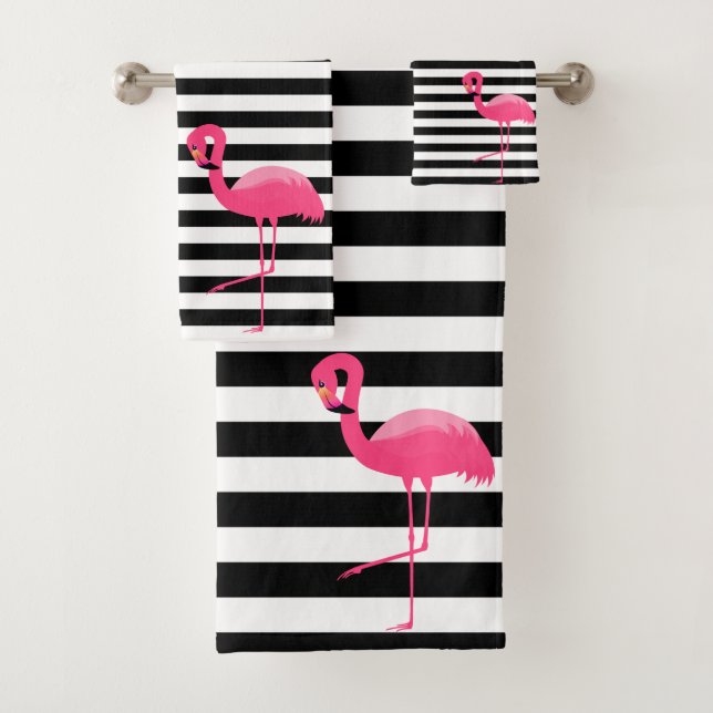 PINK BLACK STRIPE FLAMINGO BADEZIMMER TOWEL SET (Insitu)
