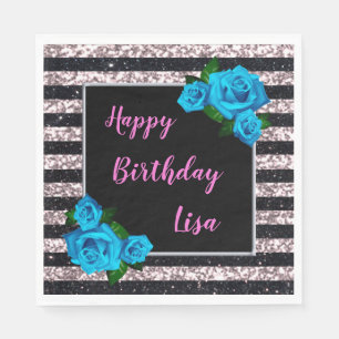Pink Black Stripes Glitzer Blaue Rose Geburtstag Serviette