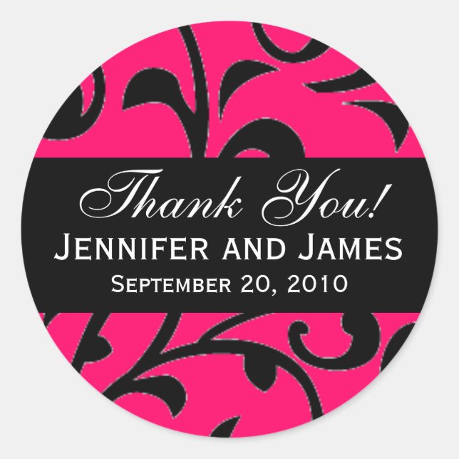 Pink Black Swirl Damask Wedding Danke Labels Runder Aufkleber (Vorderseite)