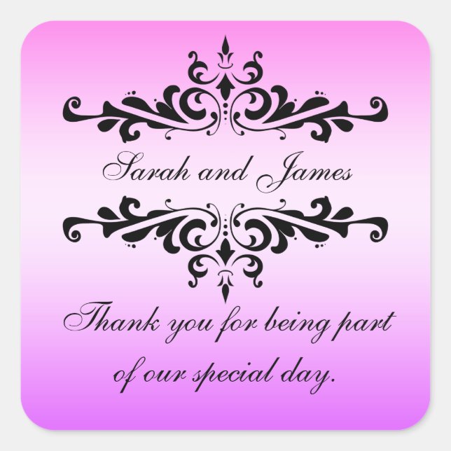 Pink Black Swirls Thank You Wedding Favor Quadratischer Aufkleber (Vorderseite)