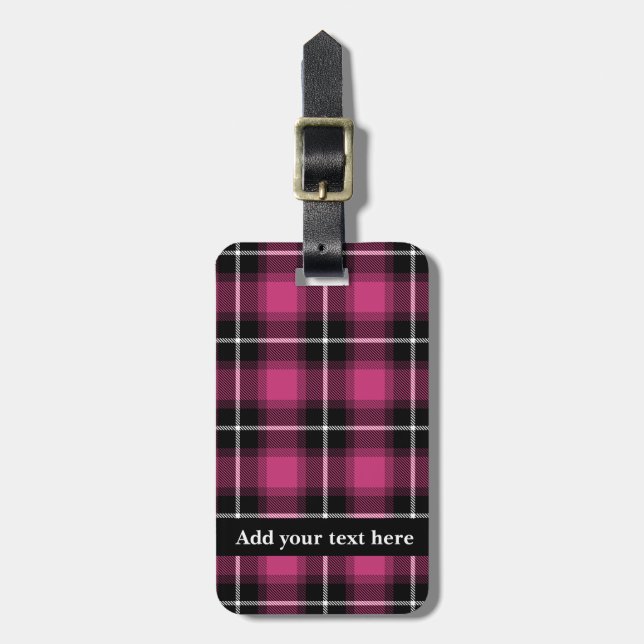 Pink Black Tartan Kariert Personalisiert Gepäckanhänger (Vorderseite vertikal)