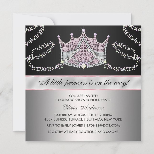 Pink Black Tiara Baby Girl Princess Baby Dusche Einladung (Vorderseite)