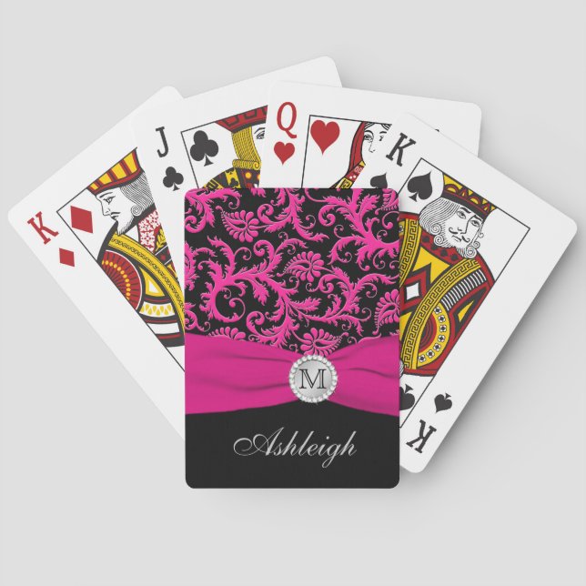 Pink Black White Striped Damask Playing Cards Spielkarten (Rückseite)