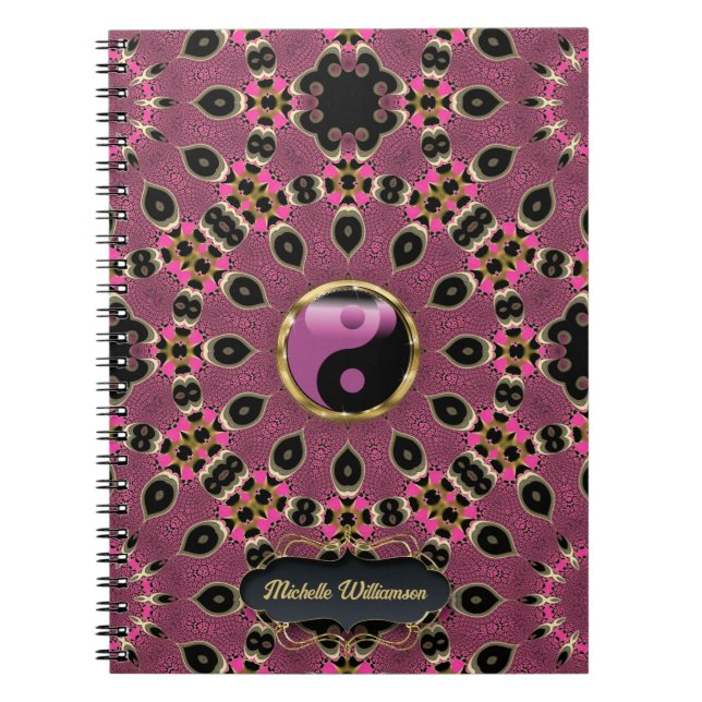 Pink Black Yin Yang Peacock Mandala Custom Notizblock (Vorderseite)