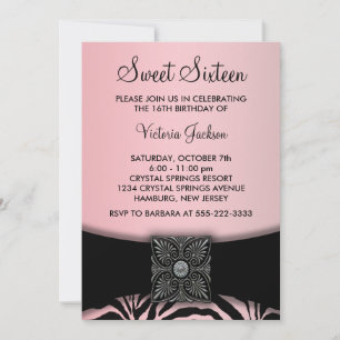 Pink Black Zebra 16 . Geburtstag Party Einladung
