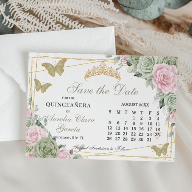 Pink bläserne Zwiebelblüte 16. Kalender Save The Date (sage green pink roses floral gold butterflies quinceanera sweet 16 calendar save the date cards)