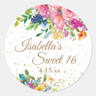 Pink Blau Gelb Floral Sweet 16 Runder Aufkleber
