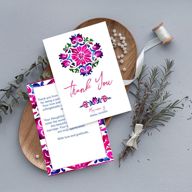 Pink blau mexikanische Fliesen Brautparty vielen D Dankeskarte (Pink blue Mexican Spanish talavera tiles bridal shower thank you card wedding thank you card)